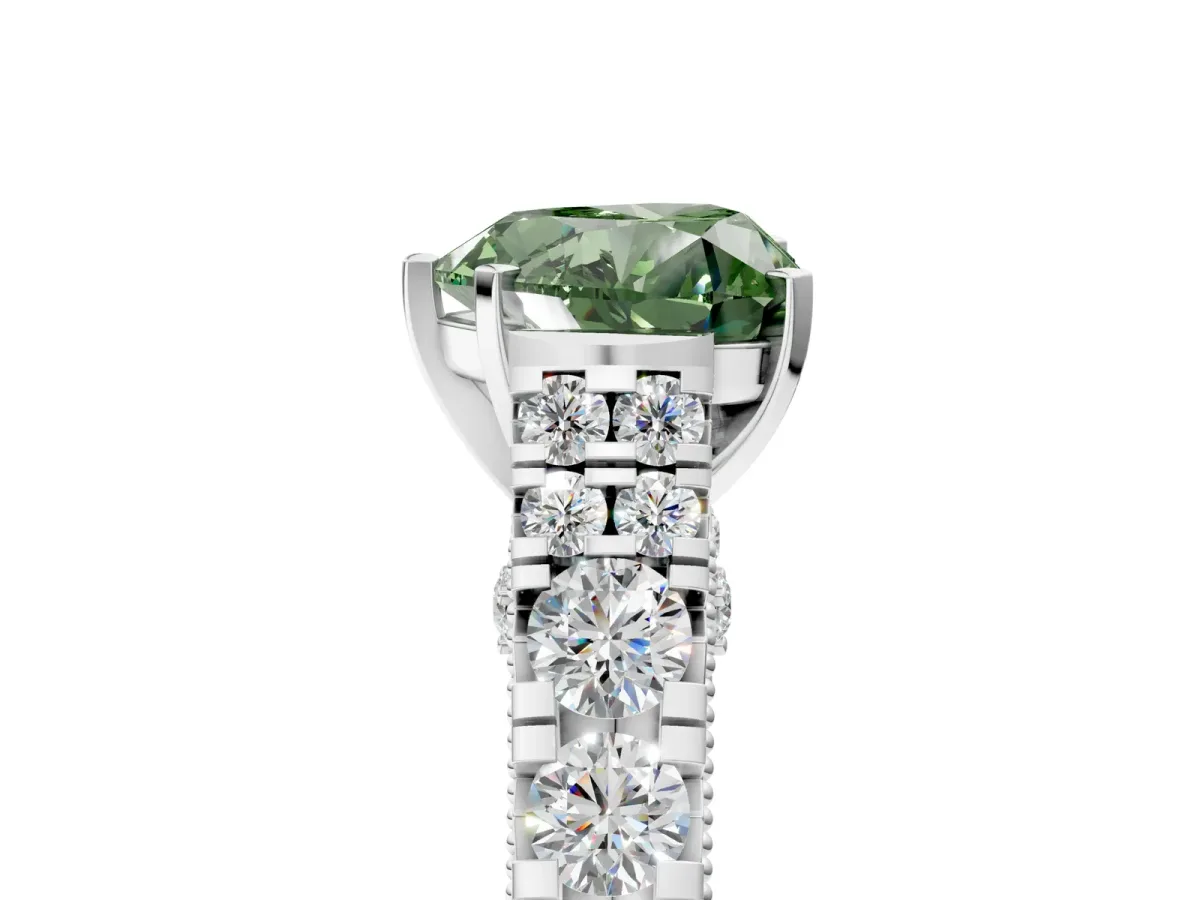 Fancy Green Heart Cut Diamond Classic Solitaire Ring with Pavé Band and Four-Prong Setting Silver