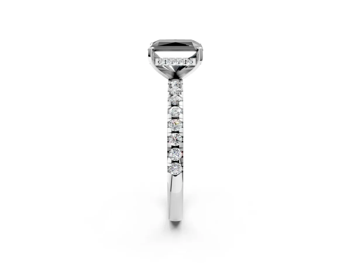 Fancy Black Radiant Cut Diamond Solitaire Ring with Round Pavé Band and Four-Prong Setting Silver