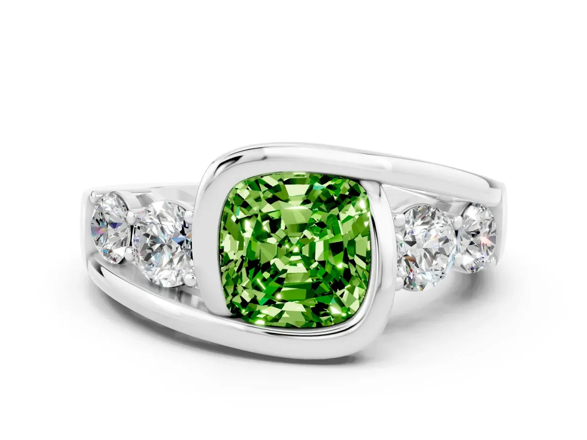 Bezel Set Cushion Cut Peridot Bypass Ring with Round Accents Silver