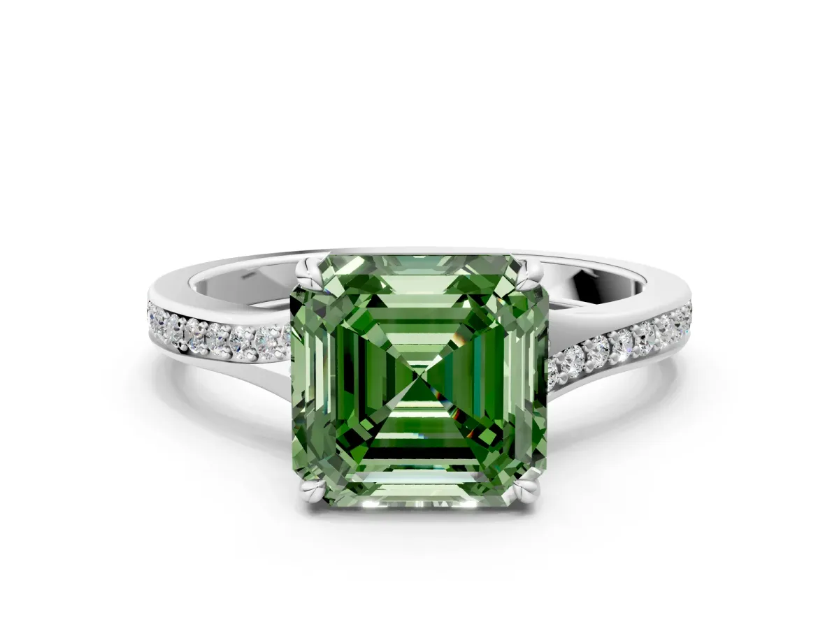 Fancy Green Asscher Cut Diamond Solitaire Ring with Pavé Band and Prong Setting Platinum