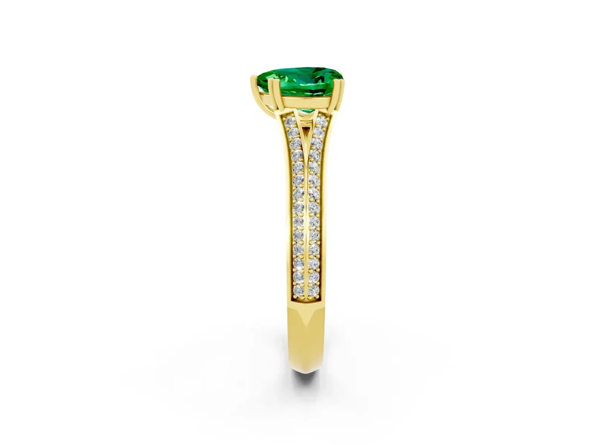 Heart Cut Emerald Split Shank Engagement Ring with Pavé Band Yellow gold
