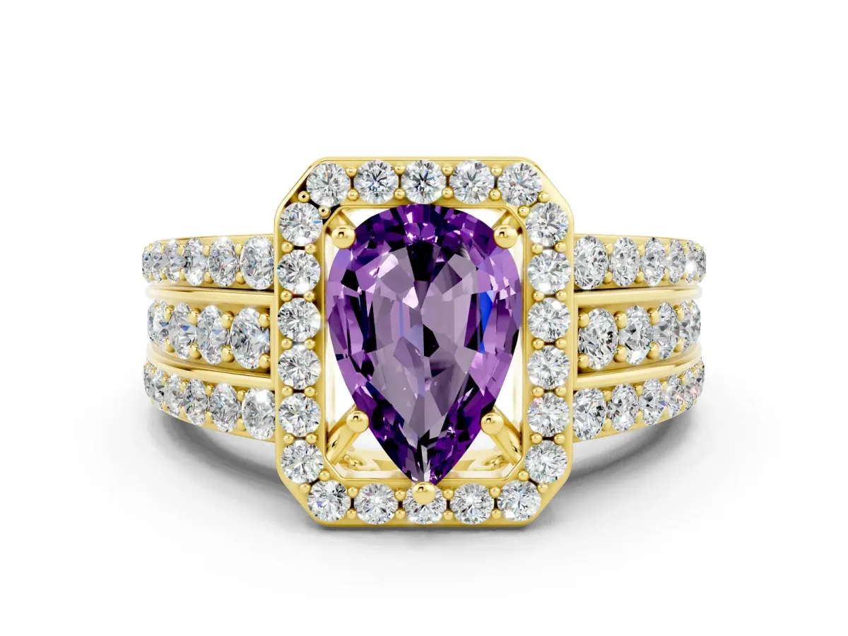 Pear Cut Halo Amethyst Ring with Round Split Shank and Prong Setting Yellow gold