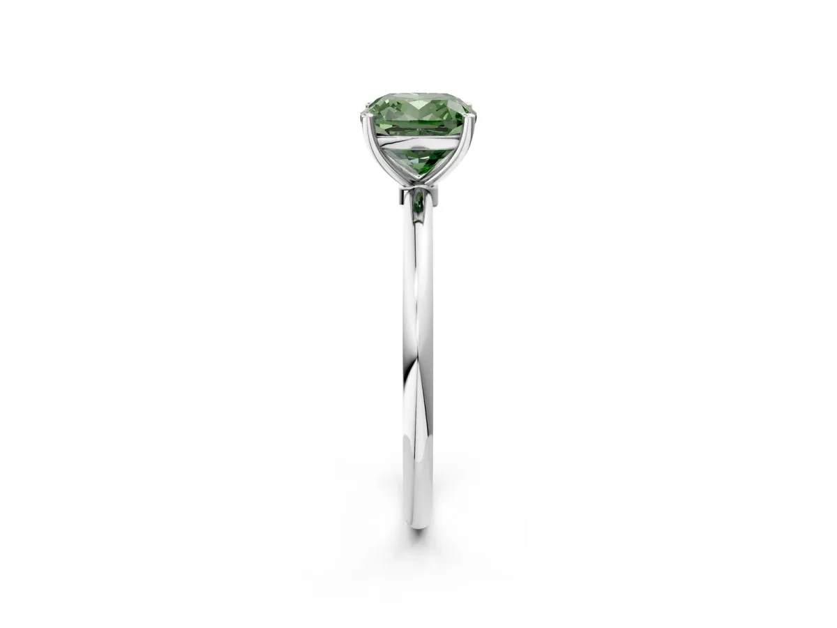 Fancy Green Cushion Cut Cut Solitaire Engagement Ring with Thin Band and Four-Prong Setting Silver