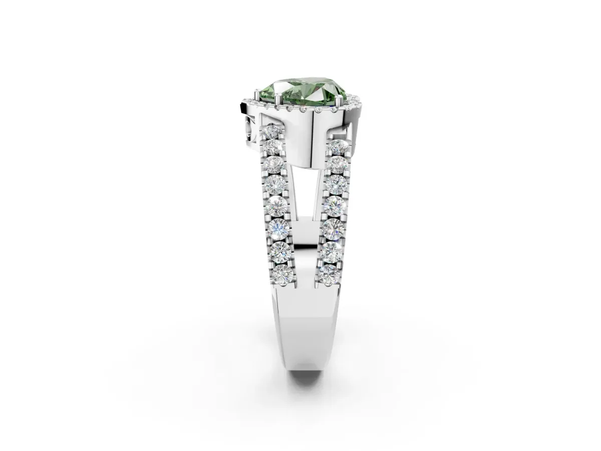 Fancy Green Heart Cut Cut Halo Split Shank Diamond Ring with Four-Prong Setting Platinum
