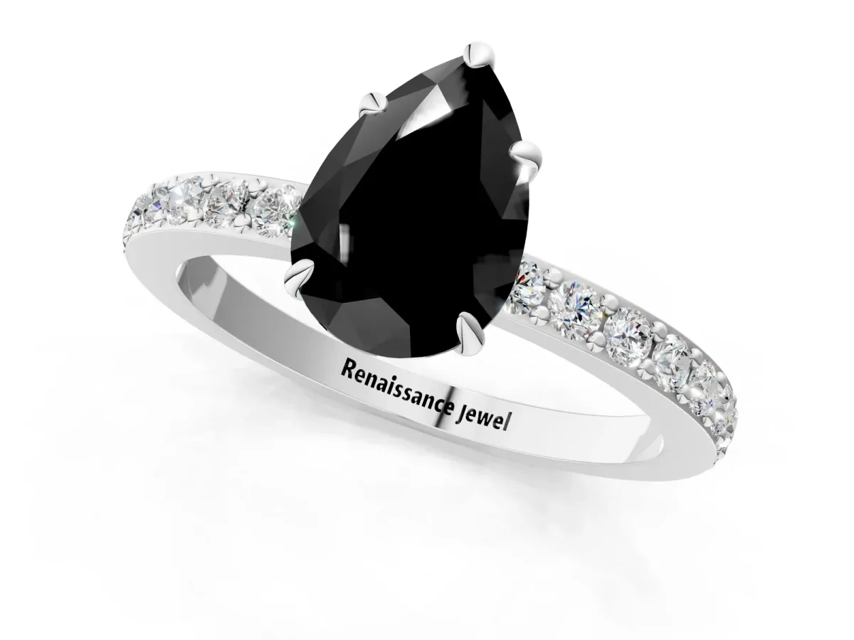 Fancy Black Pear Cut Diamond Solitaire Engagement Ring with Pavé Band and Four-Prong Setting Silver