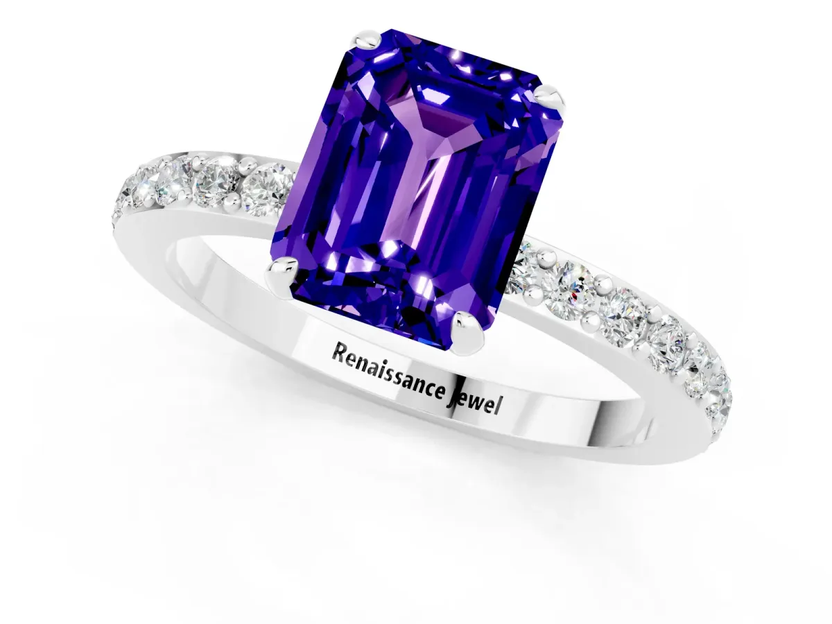 Emerald Cut Tanzanite Solitaire Engagement Ring with Pavé Band and Four-Prong Setting Silver