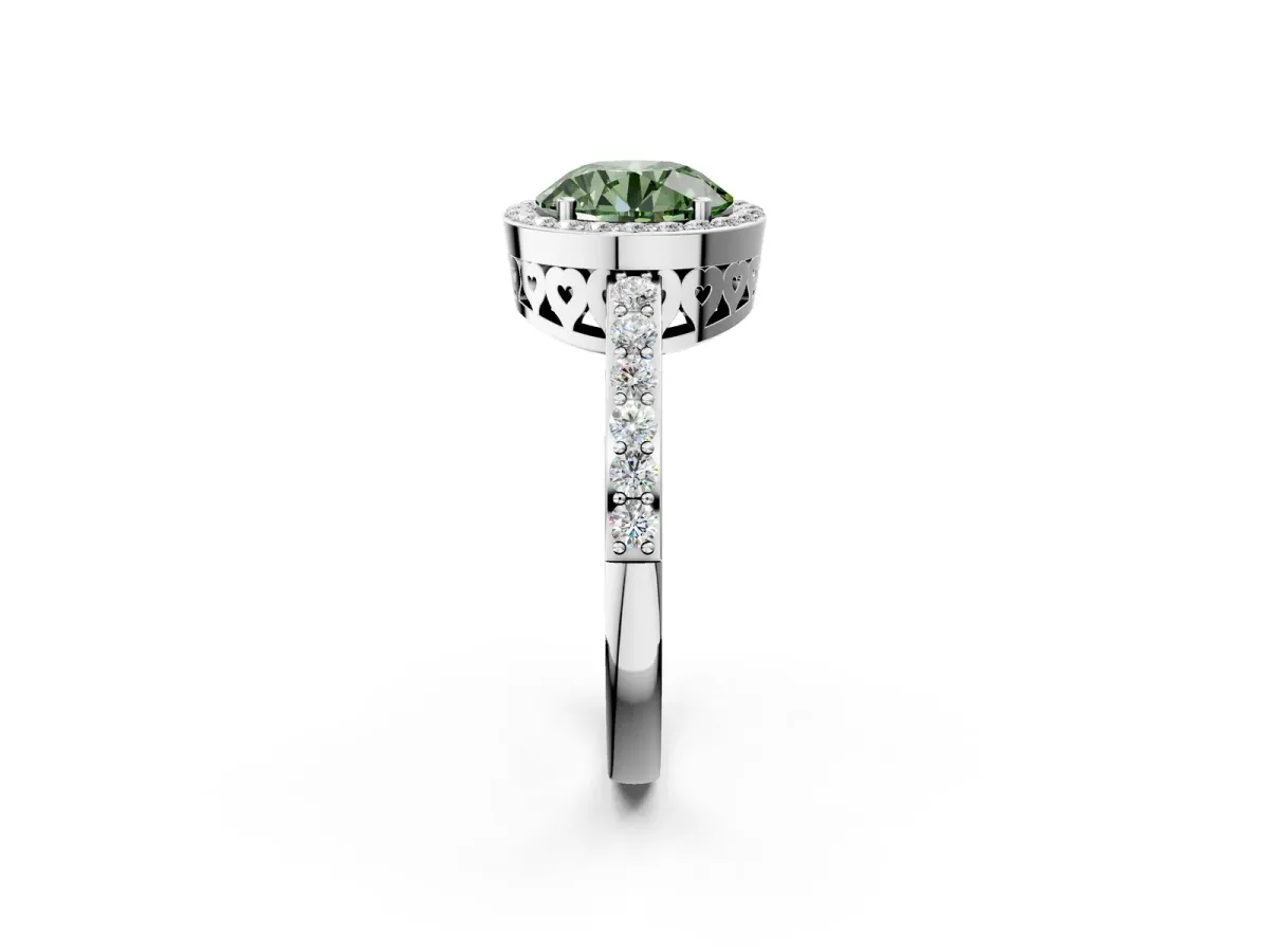 Fancy Green Round Cut Halo Diamond Pavé Band Ring with Prong Setting Platinum