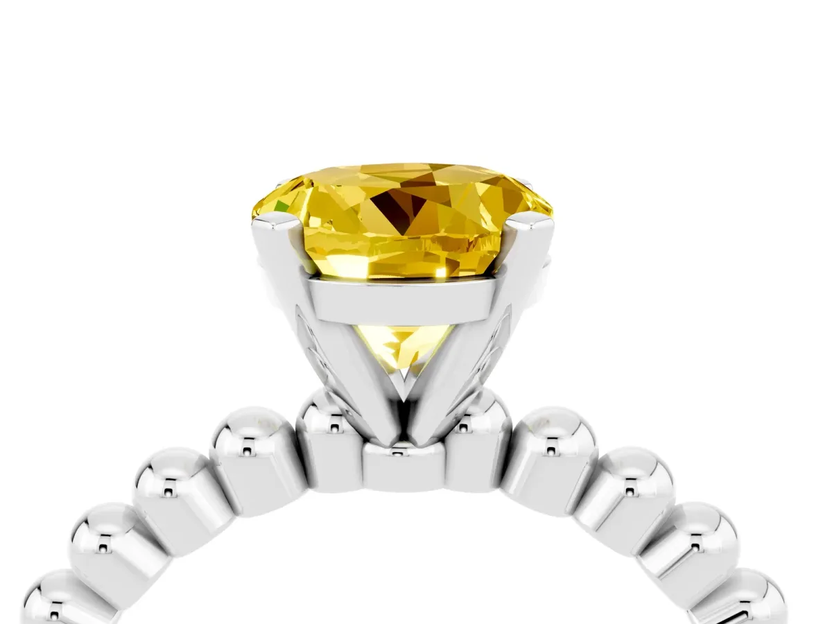 Round Cut Yellow Sapphire Solitaire Ring with Beaded Band and Prong Setting Platinum