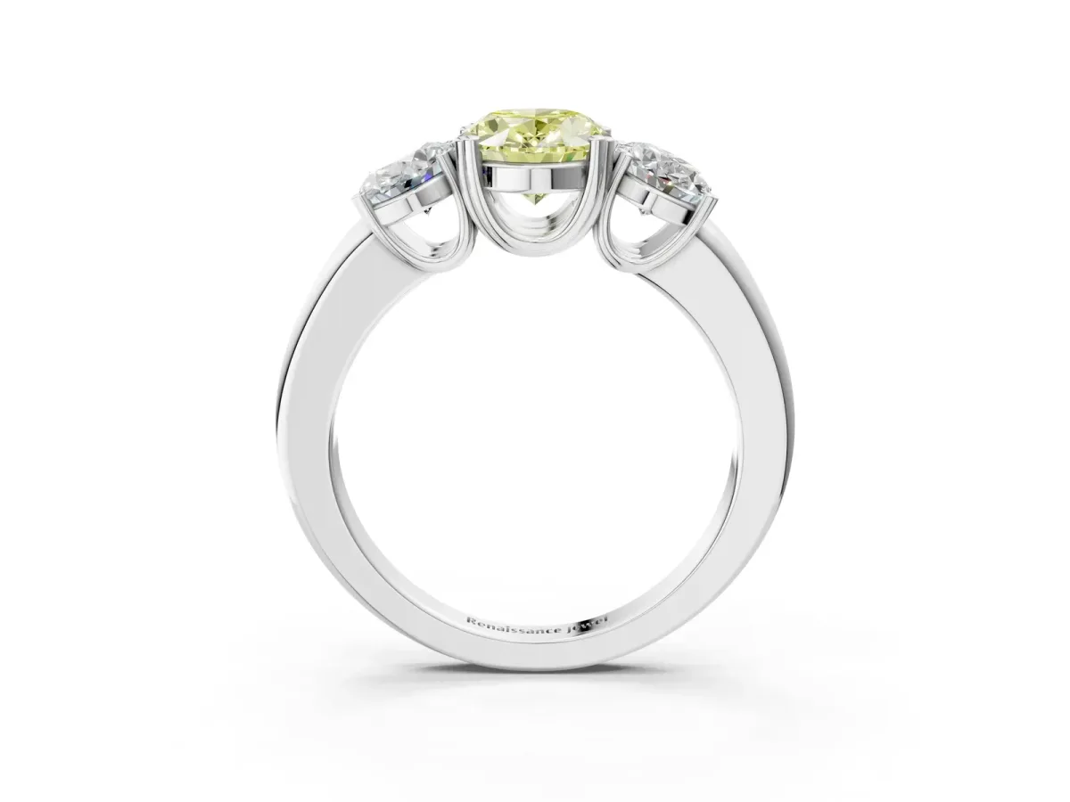 Fancy Yellow Three-Stone Oval Cut Cut Diamond Ring with Channel Set Band and Four-Prong Setting Silver