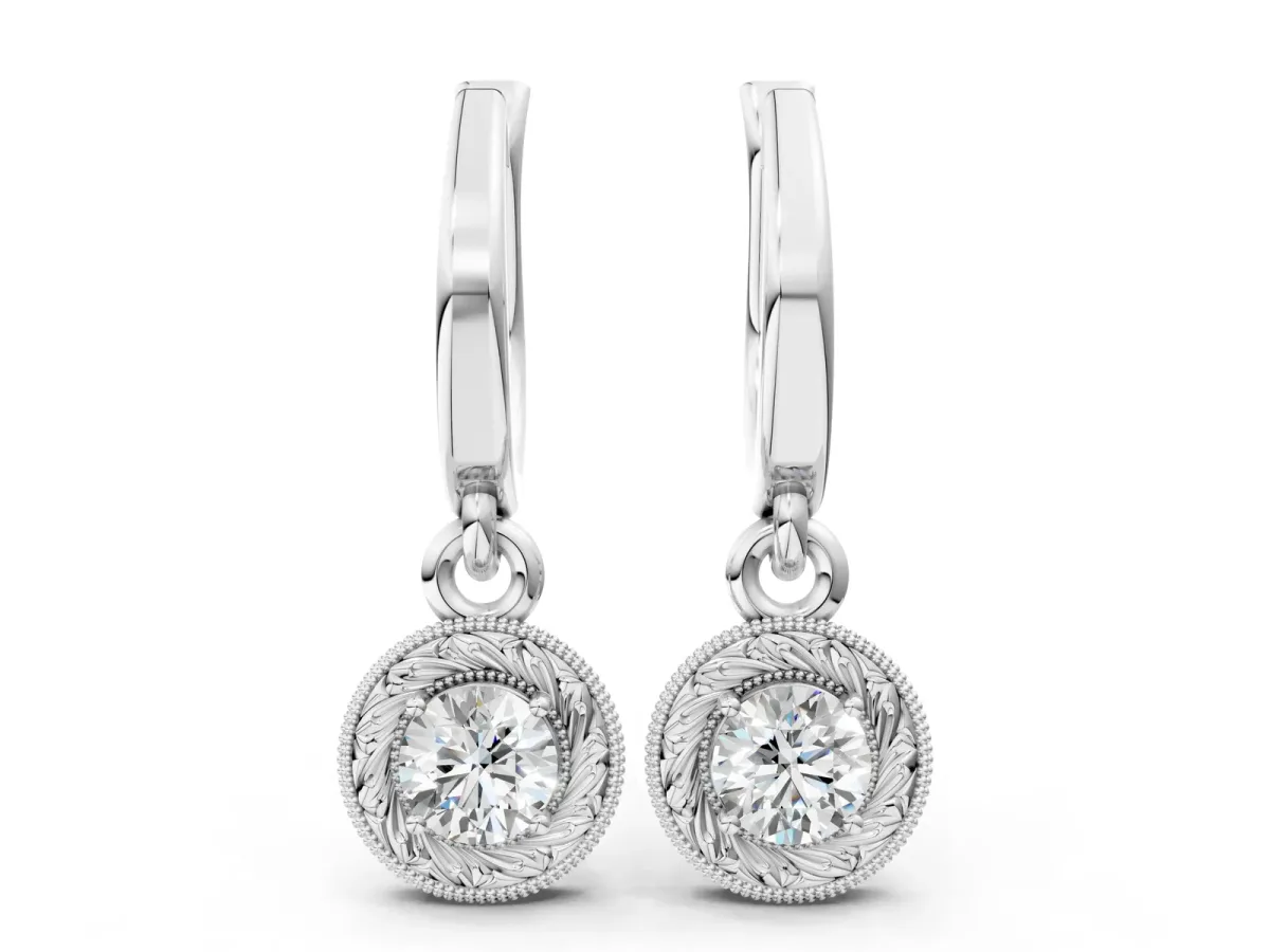 Round Cut Milgrain Bezel Set Leverback Earrings White gold