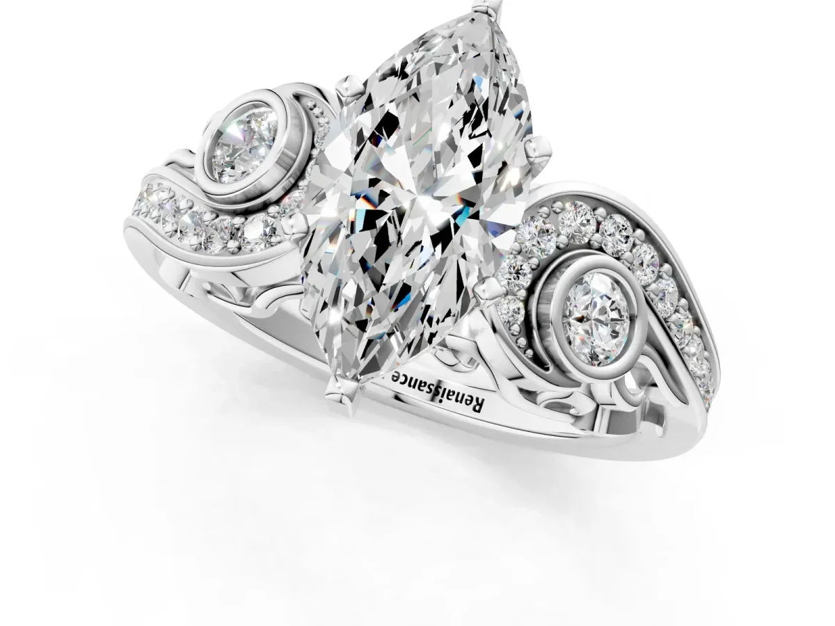 Marquise Cut Diamond Solitaire Ring with Milgrain Pavé Band and Four-Prong Setting Silver