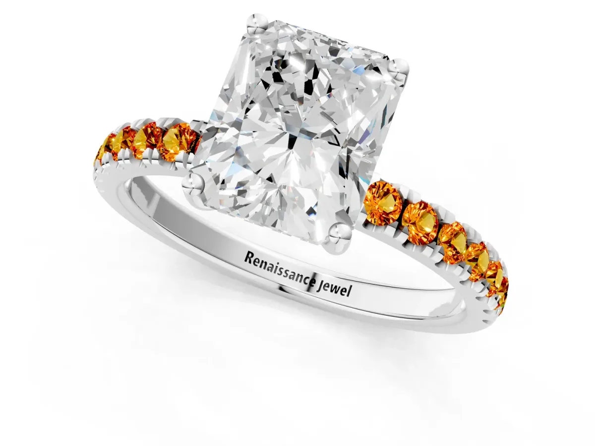 Radiant Cut Diamond Pave Band Solitaire Ring with Round Citrine and Prong Setting Silver