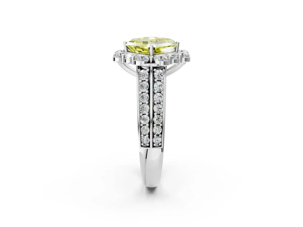 Fancy Yellow Asscher Cut Halo Diamond Engagement Ring with Split Shank and Prong Setting Platinum