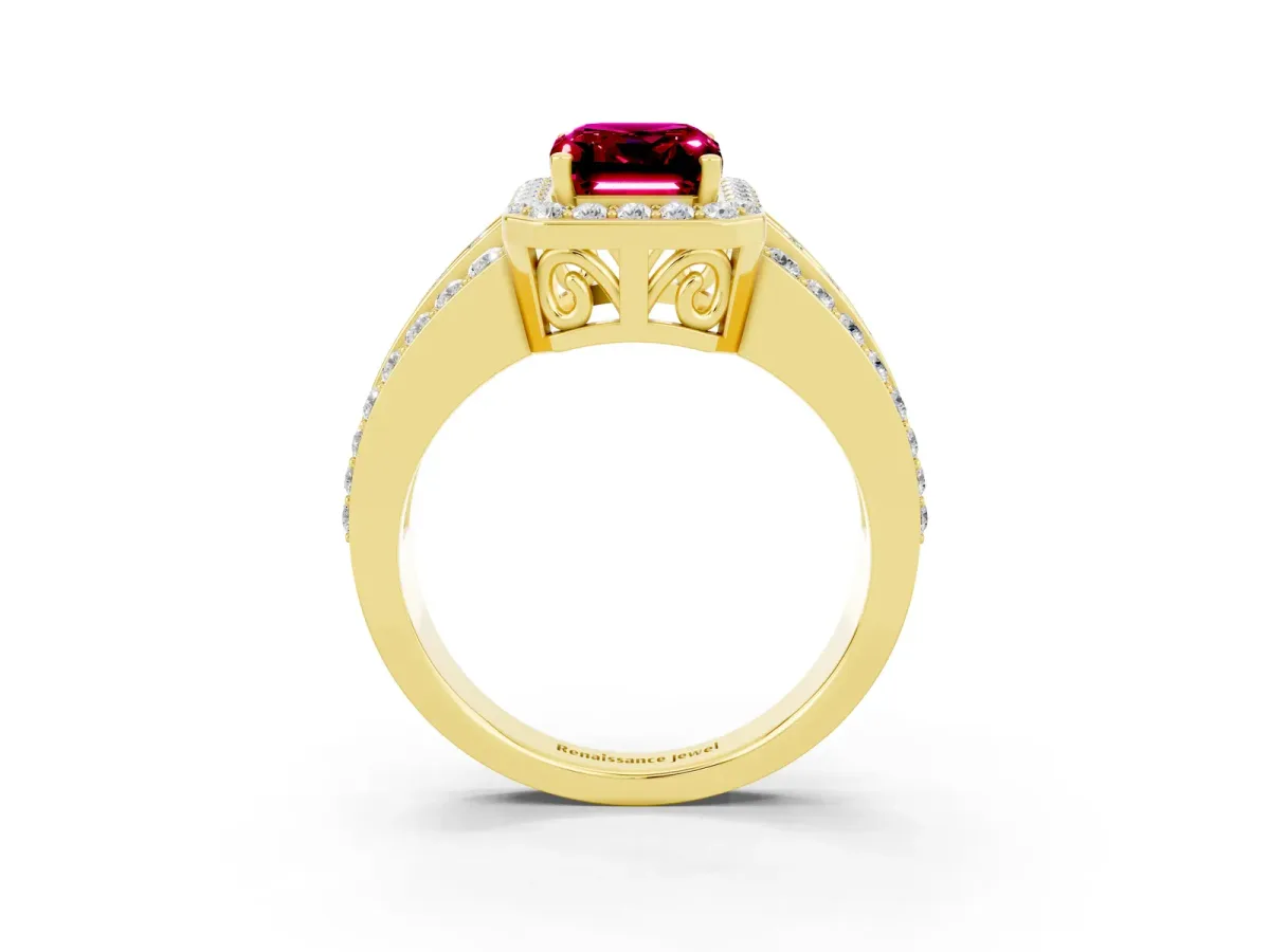 Emerald Cut Halo Garnet Ring with Round Split Shank and Prong Setting Yellow gold