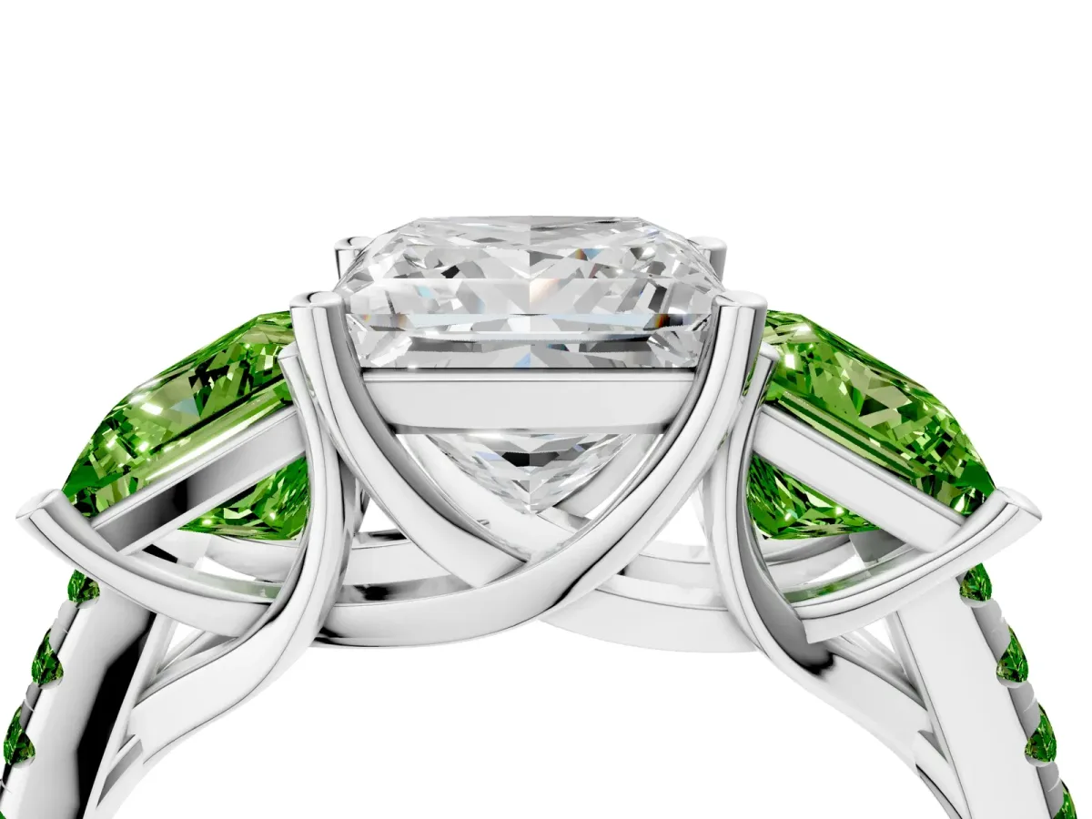 Three-Stone Princess Cut Diamond Ring with Round Peridot Pavé Band and Prong Setting Silver