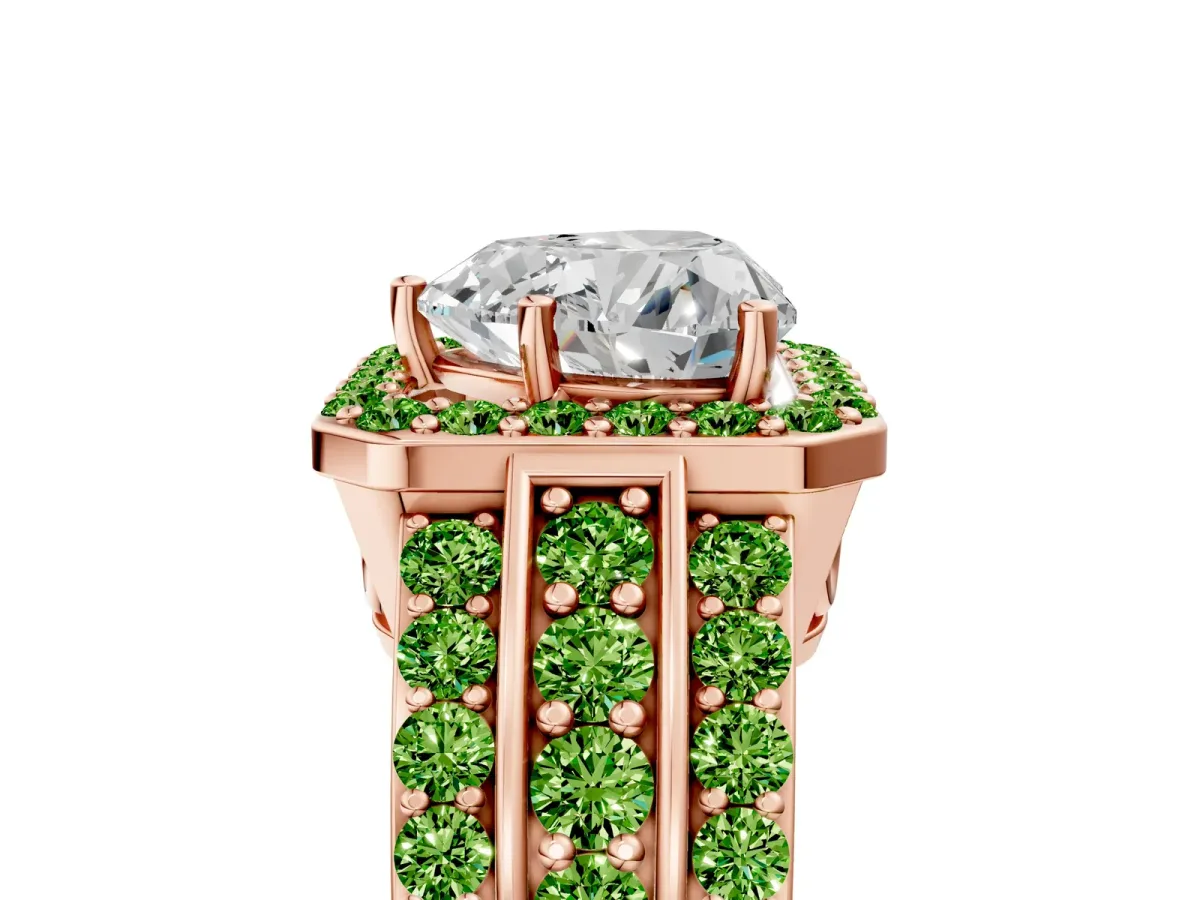 Heart Cut Halo Diamond Ring with Round Peridot Split Shank and Prong Setting Rose gold
