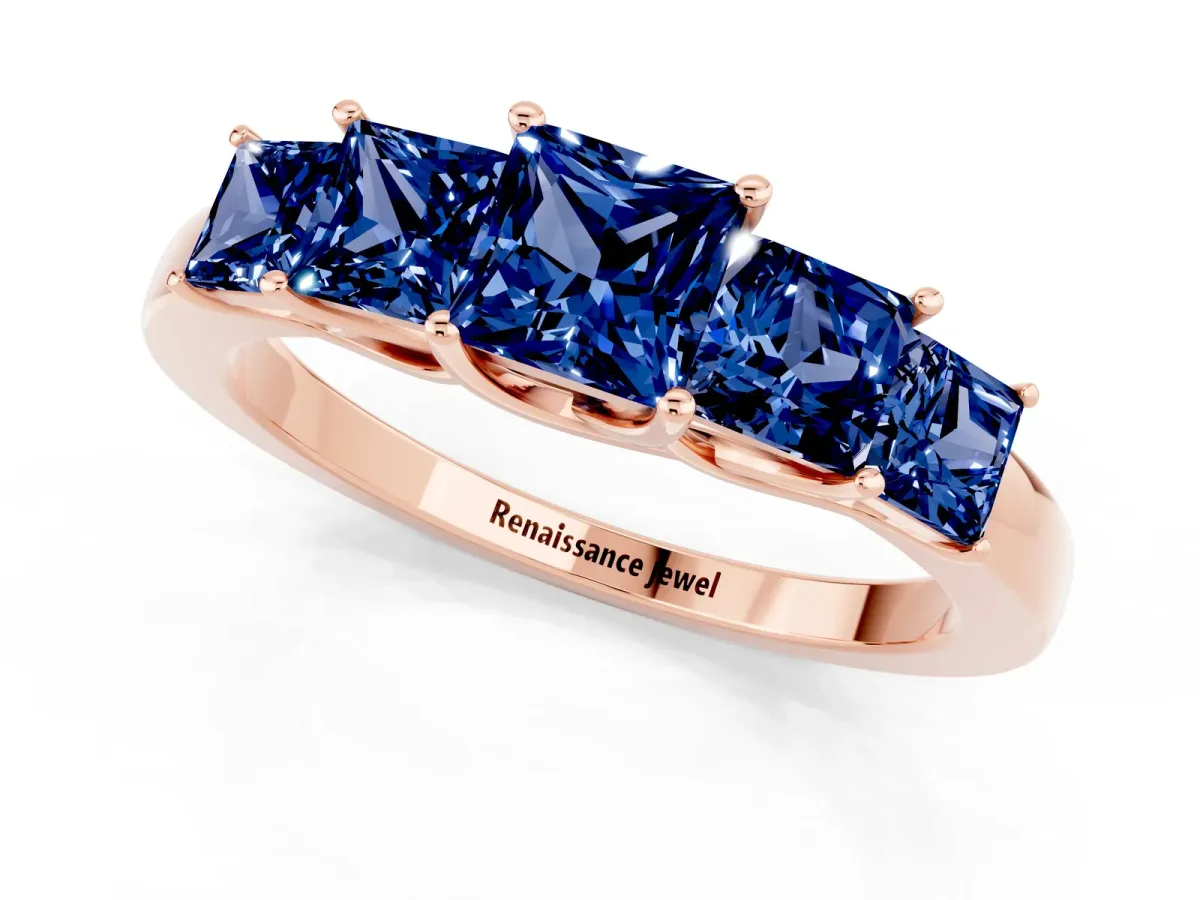 Princess Cut Five-Stone Blue Sapphire Ring with Classic Prong Setting Rose gold