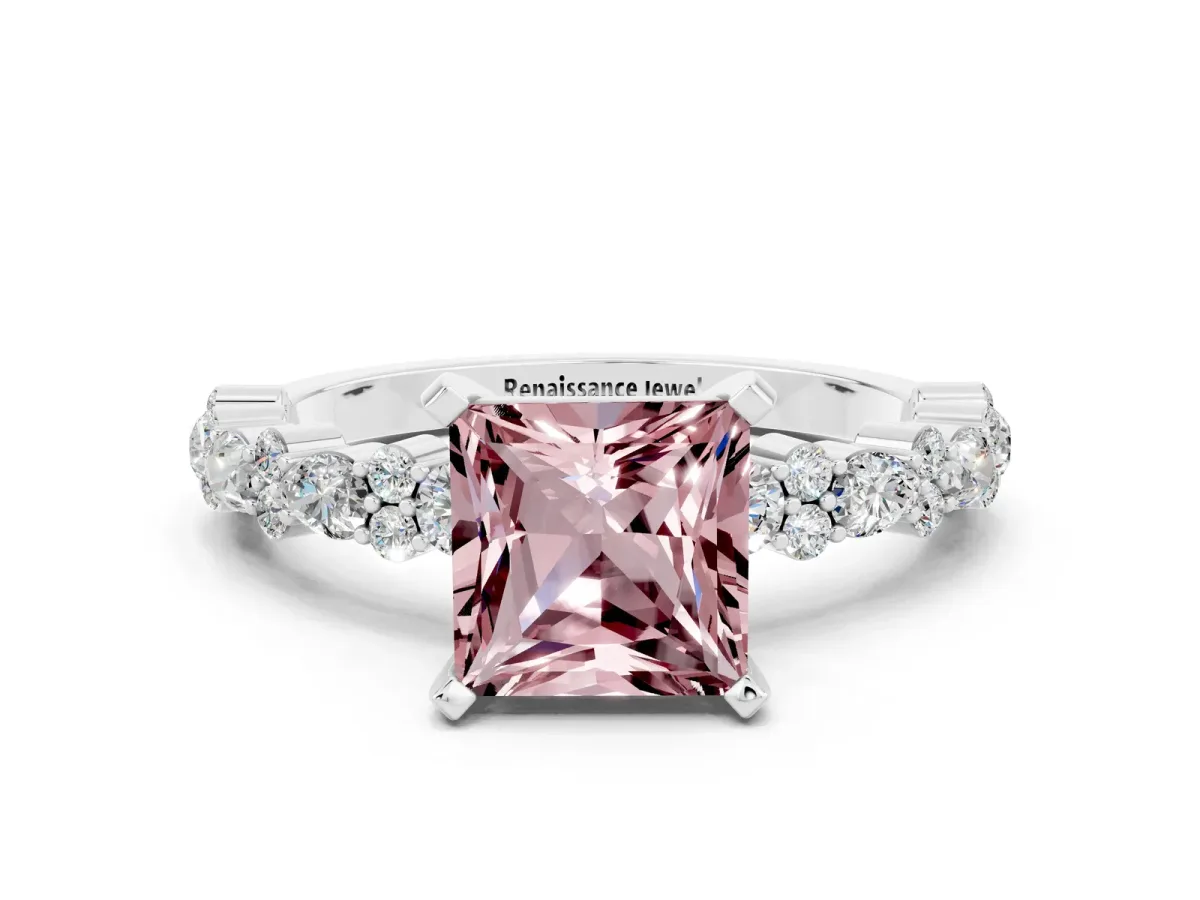 Princess Cut Morganite Side Stone Solitaire Ring with Round and Four-Prong Setting Silver