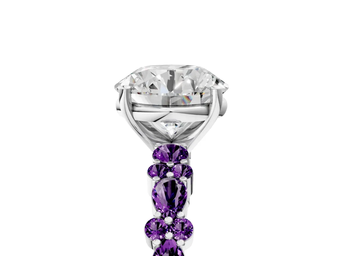 Round Cut Diamond Side Stone Solitaire Ring with Round Amethyst and Four-Prong Setting Silver