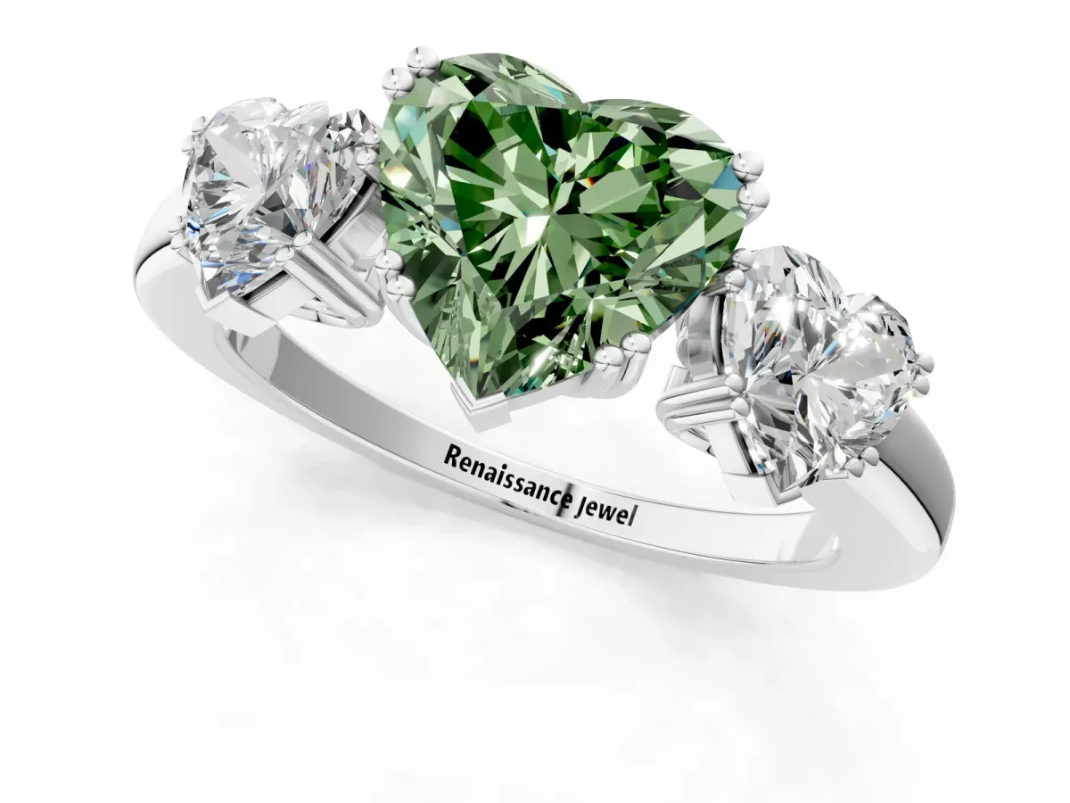 Fancy Green Three-Stone Heart Cut Cut Diamond Ring with Channel Set Band and Four-Prong Setting Silver