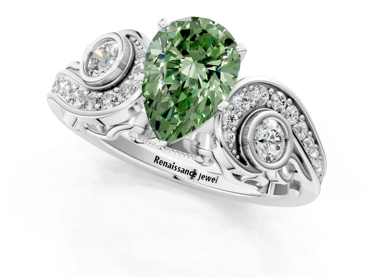 Fancy Green Pear Cut Diamond Solitaire Ring with Milgrain Pavé Band and Four-Prong Setting Silver
