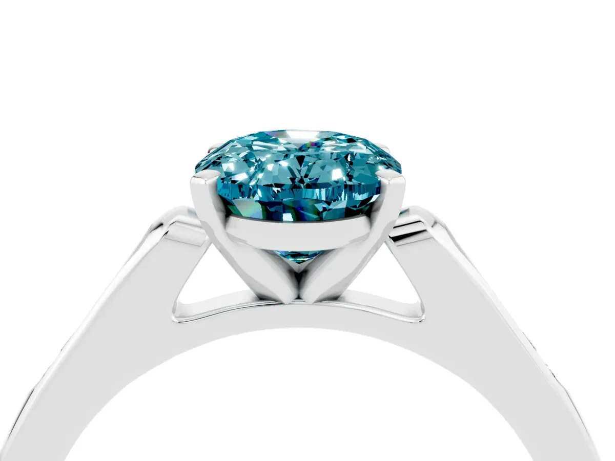 Oval Cut Blue Topaz Solitaire Ring with Channel Set Round Band and Prong Setting Silver