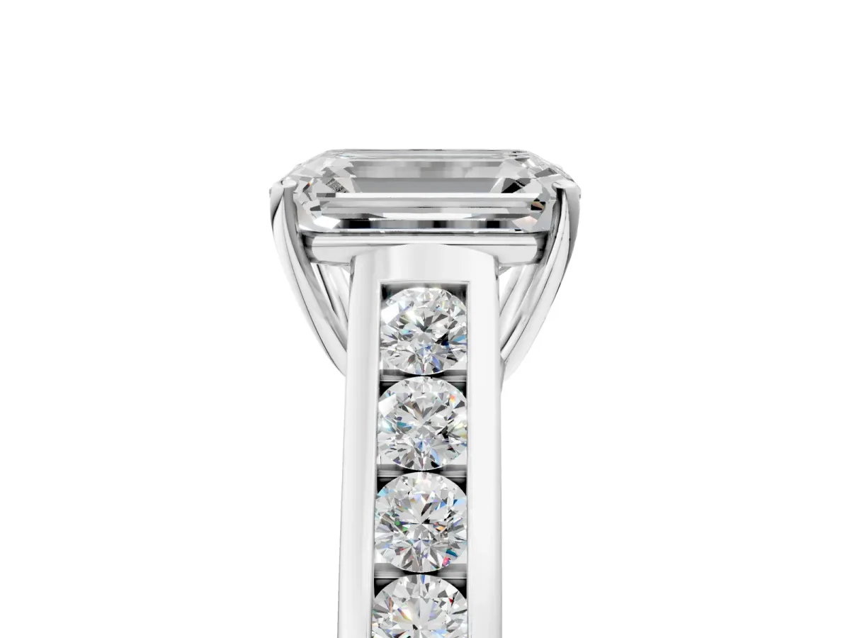 Emerald Cut Brilliant Channel-Set Solitaire Ring with Four-Prong Setting White gold