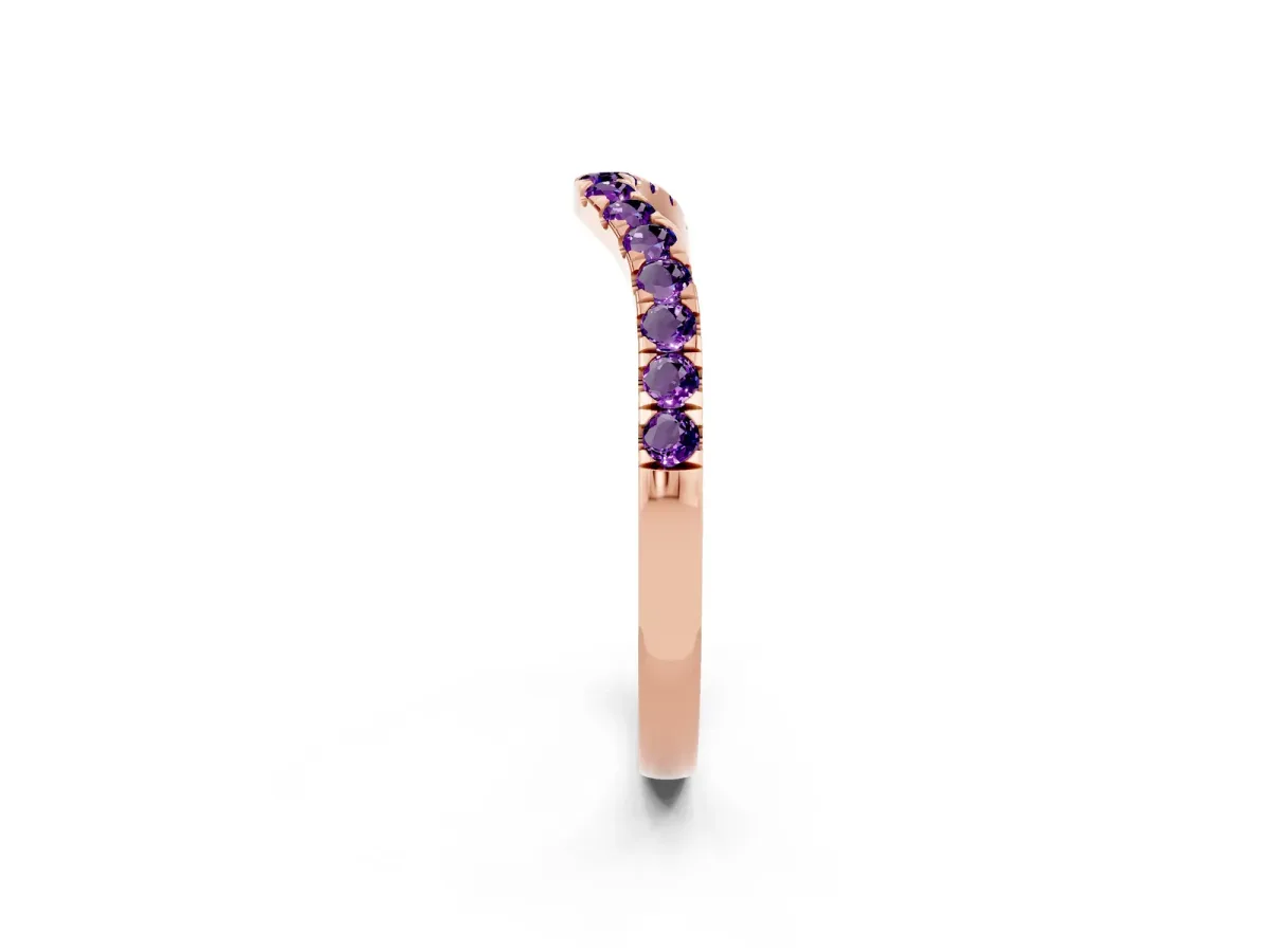 Curved Pavé Round Amethyst Wedding Band with Shared Prong Setting Rose gold
