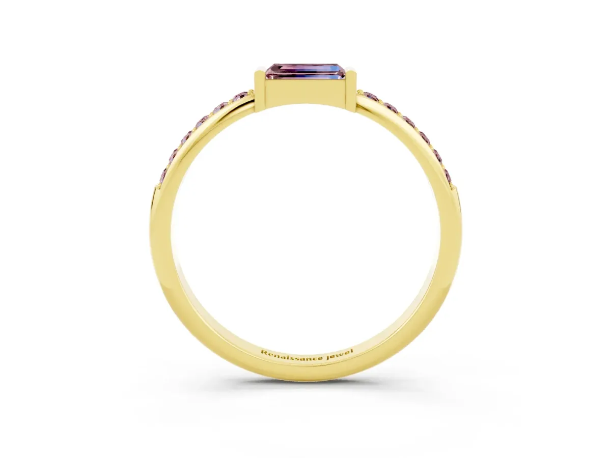 Baguette Morganite Pavé Band with Bar Setting Yellow gold