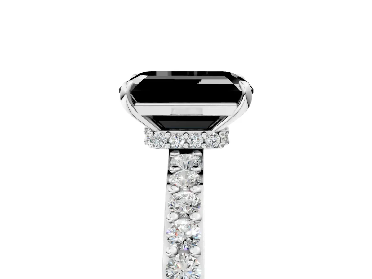 Fancy Black Emerald Cut Diamond Solitaire Engagement Ring with Pavé Band and Four-Prong Setting Silver