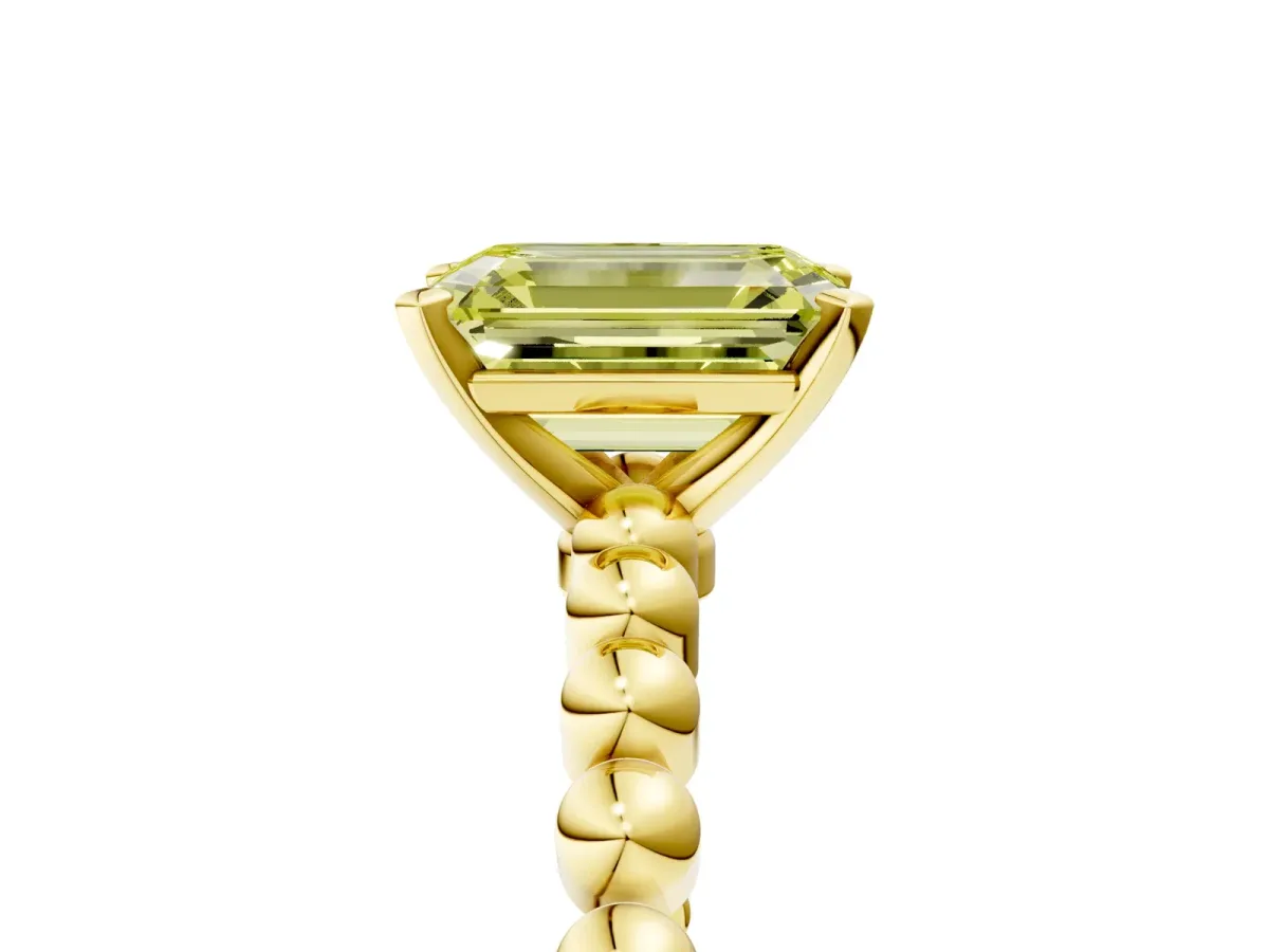 Fancy Yellow Emerald Cut Diamond Solitaire Ring with Beaded Band and Prong Setting Yellow gold