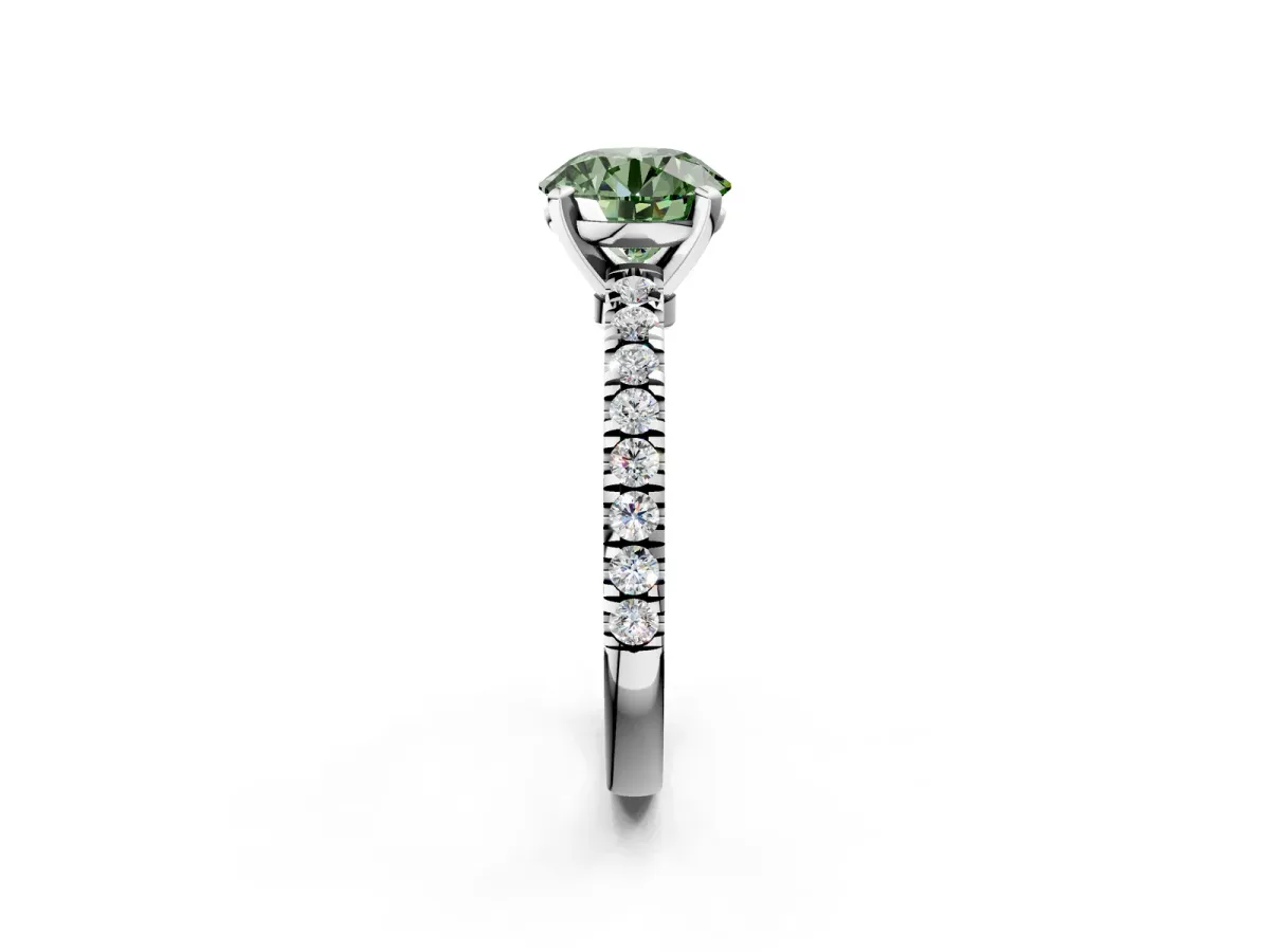 Fancy Green Round Cut Solitaire Diamond with Pavé Band and Four-Prong Setting Silver