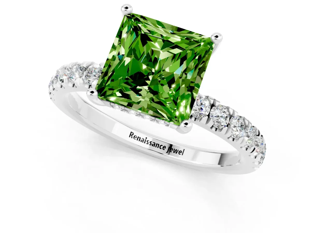 Princess Cut Peridot Pave Band Solitaire Ring with Round and Prong Setting Platinum