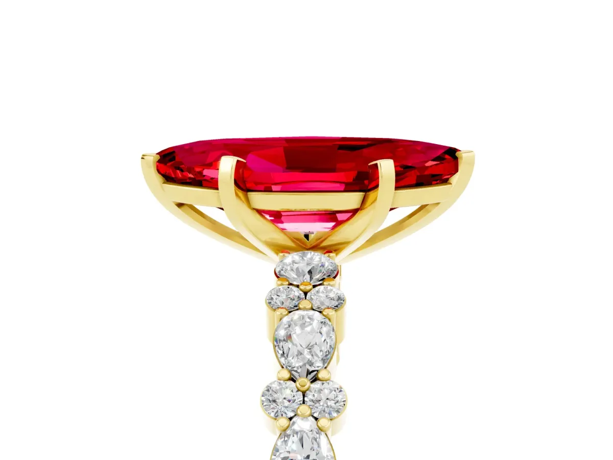 Marquise Cut Ruby Side Stone Solitaire Ring with Round and Four-Prong Setting Yellow gold