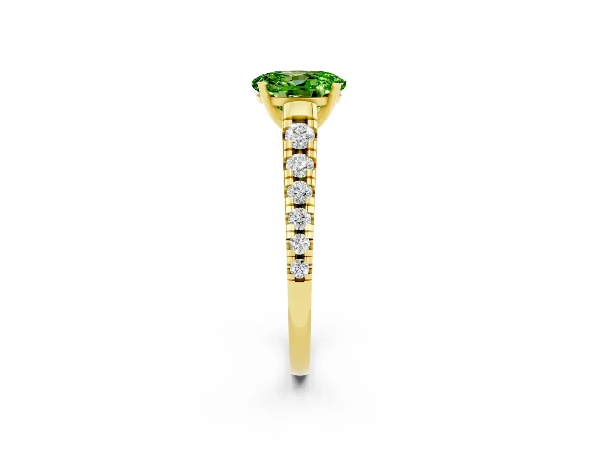 Oval Cut Peridot Cathedral Solitaire Ring with Round Pavé Band Yellow gold