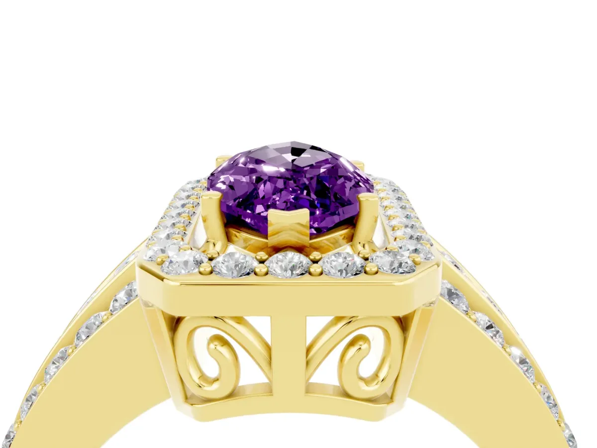 Marquise Cut Halo Amethyst Ring with Round Split Shank and Prong Setting Yellow gold