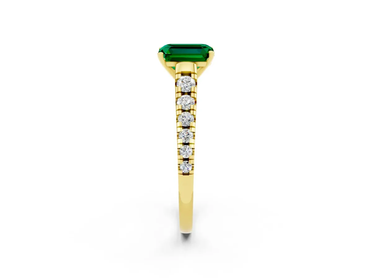 Emerald Cut Emerald Cathedral Solitaire Ring with Round Pavé Band Yellow gold
