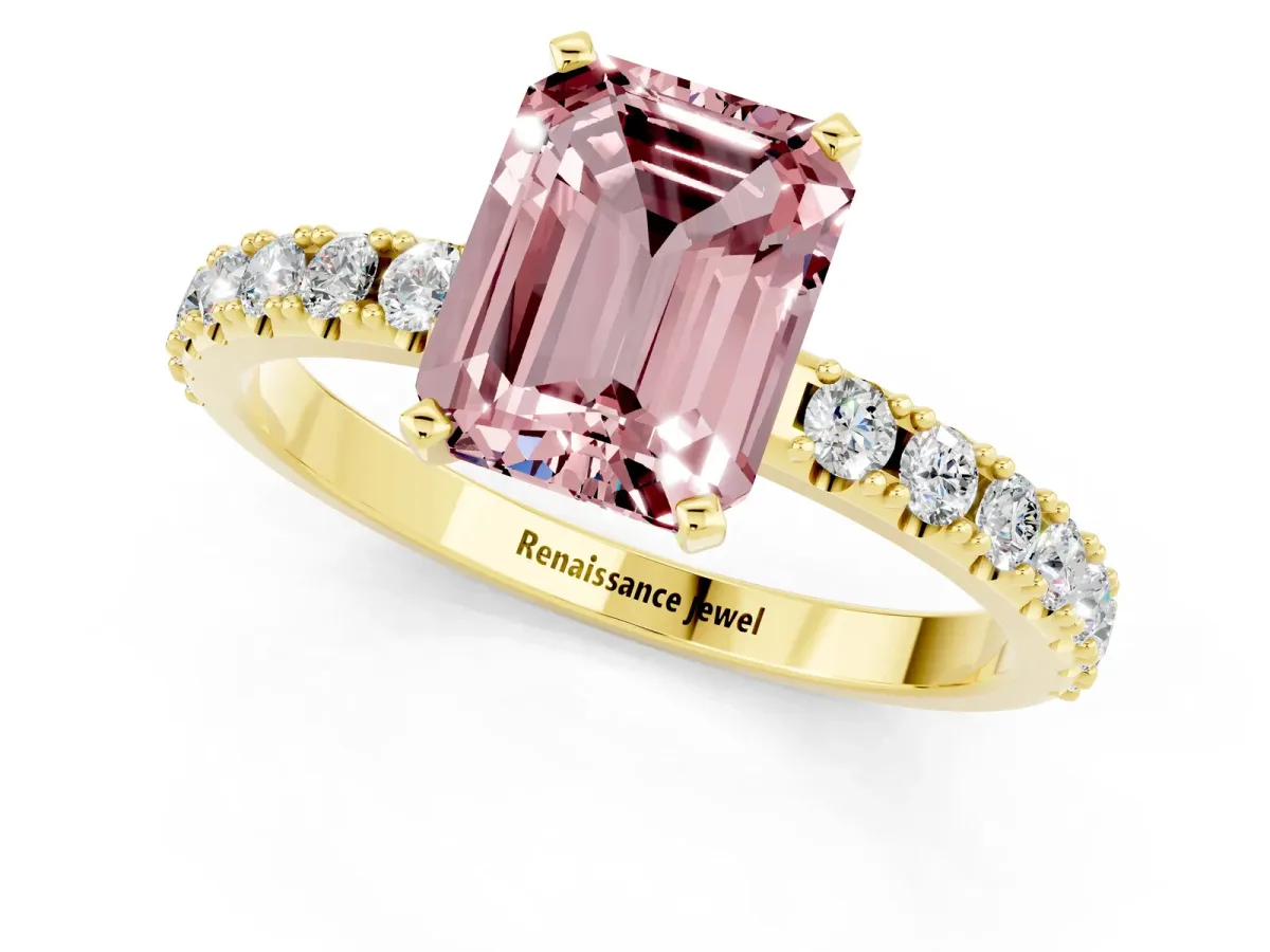 Emerald Cut Morganite Solitaire Pavé Band with Four-Prong Setting Yellow gold