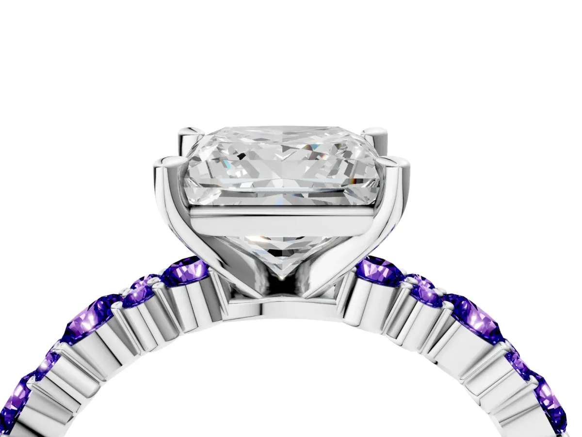 Princess Cut Diamond Side Stone Solitaire Ring with Round Tanzanite and Four-Prong Setting Silver