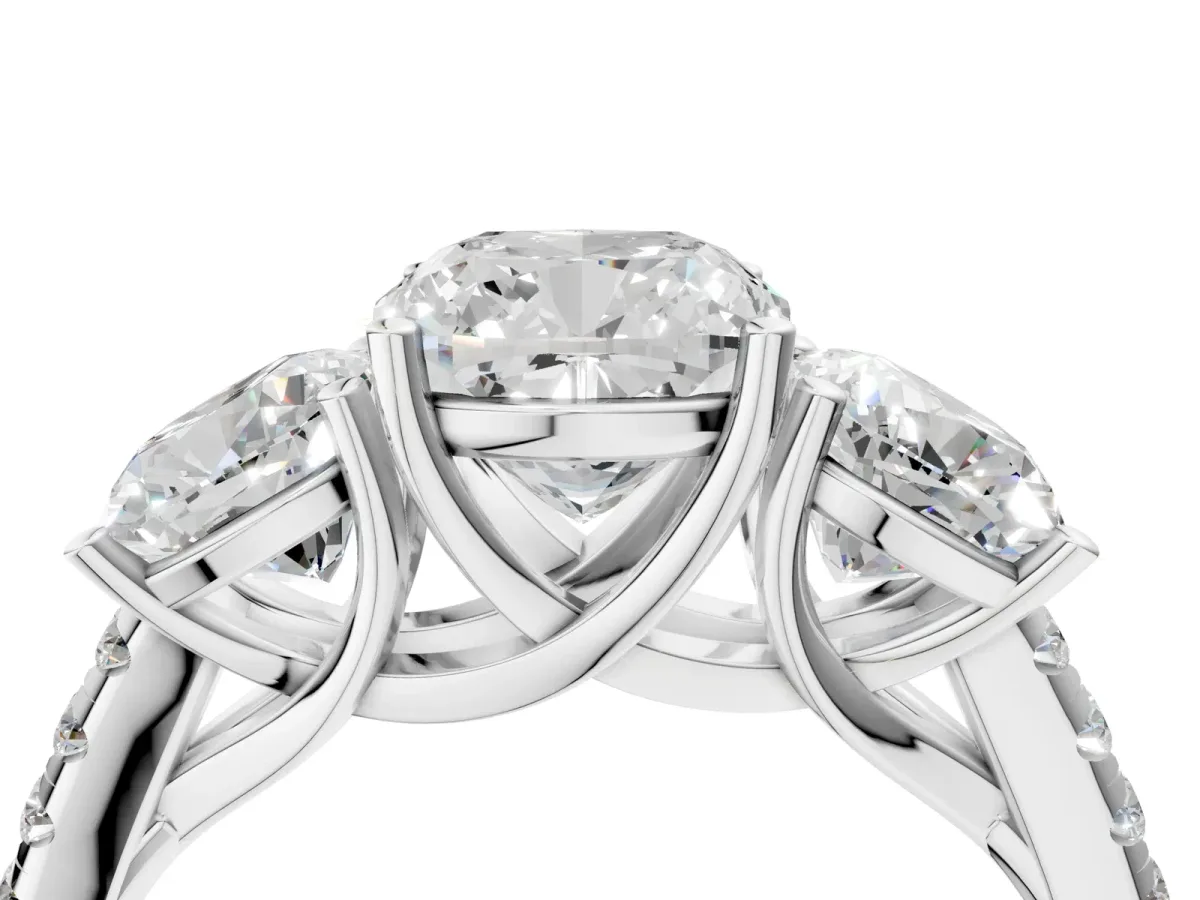 Three-Stone Cushion Cut Diamond Ring with Round Moissanite Pavé Band and Prong Setting Silver