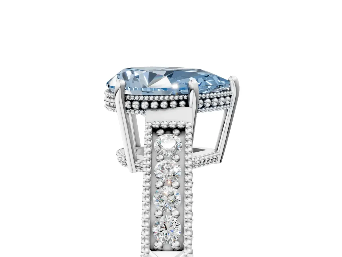 Fancy Blue Pear Cut Diamond Ring with Milgrain Pavé Band and Four-Prong Setting Platinum