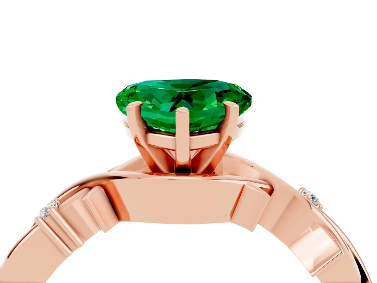 Heart Cut Emerald Solitaire Ring with Twisted Band and Prong Setting Rose gold