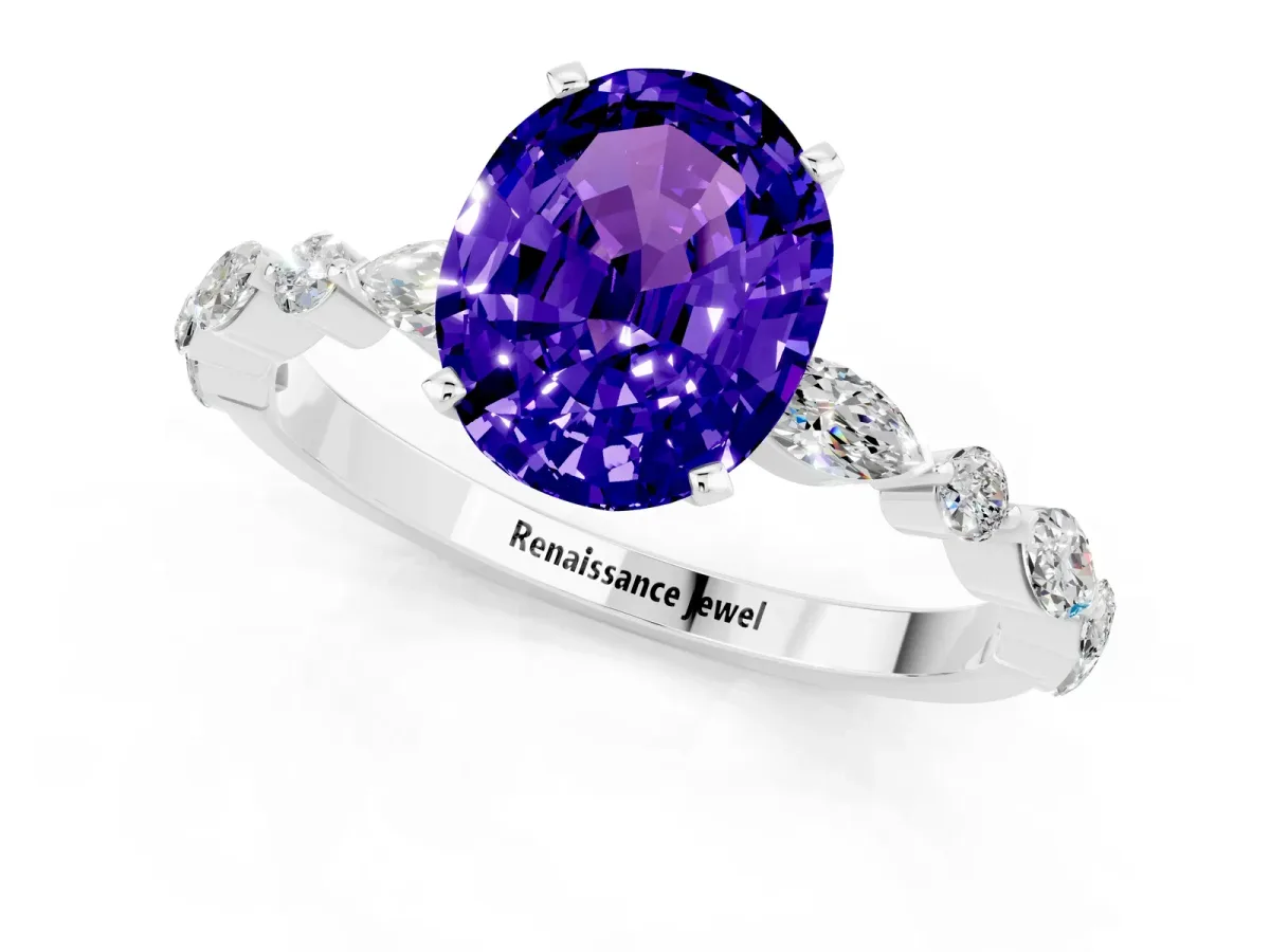 Oval Cut Tanzanite Ring with Marquise and Round Side Stones and Four-Prong Setting Silver