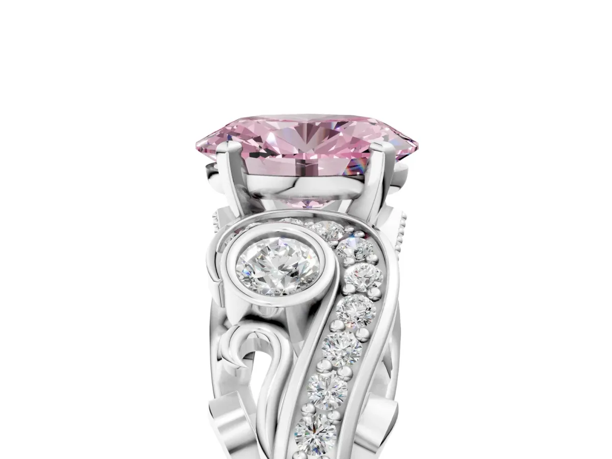 Fancy Pink Oval Cut Diamond Solitaire Ring with Milgrain Pavé Band and Four-Prong Setting Silver