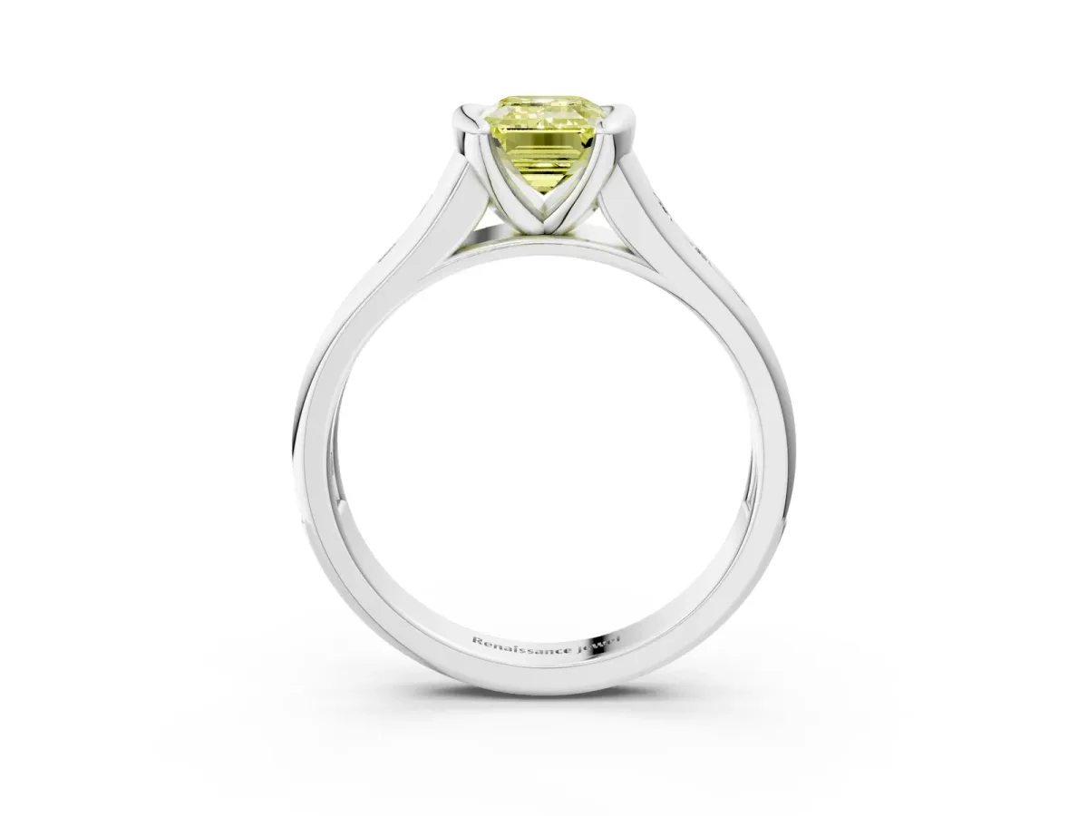 Fancy Yellow Emerald Cut Solitaire Bezel-Set Diamond Ring with Channel-Set Band Platinum