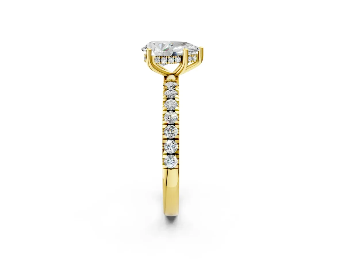 Pear Cut Diamond Pave Band Solitaire Ring with Round and Prong Setting Yellow gold