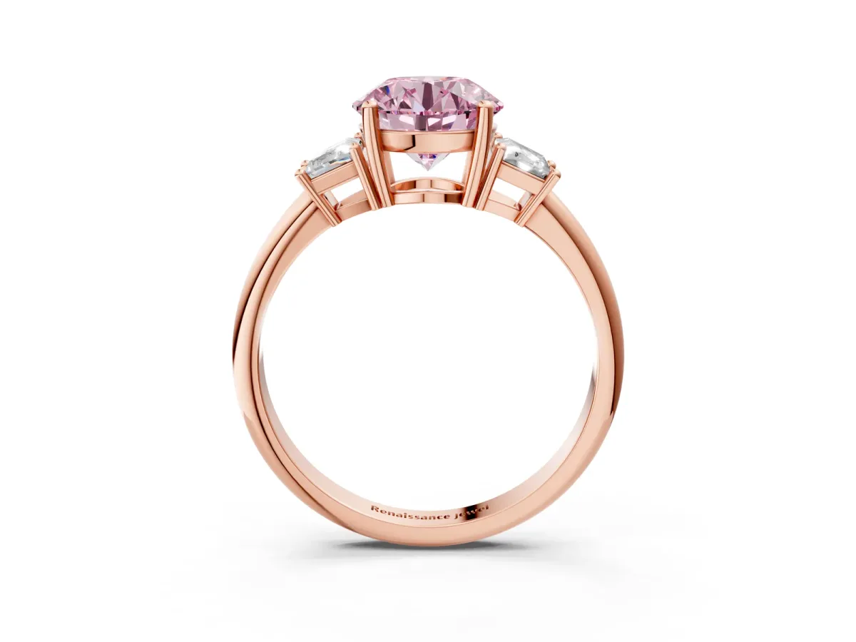 Fancy Pink Round Cut Diamond Three-Stone Ring with Trapezoid Side Stones and Prong Setting Rose gold