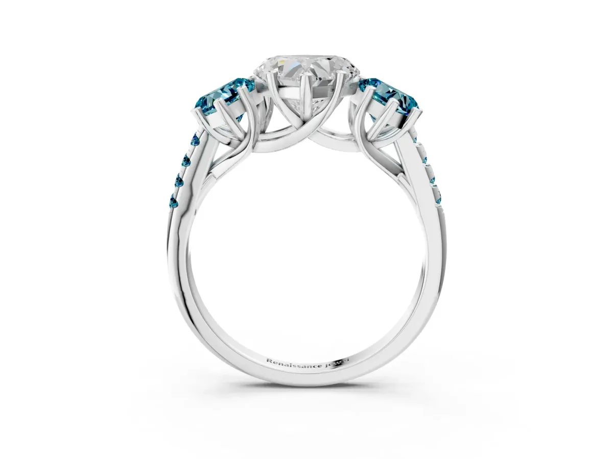 Three-Stone Heart Cut Diamond Ring with Round Blue Topaz Pavé Band and Prong Setting Silver
