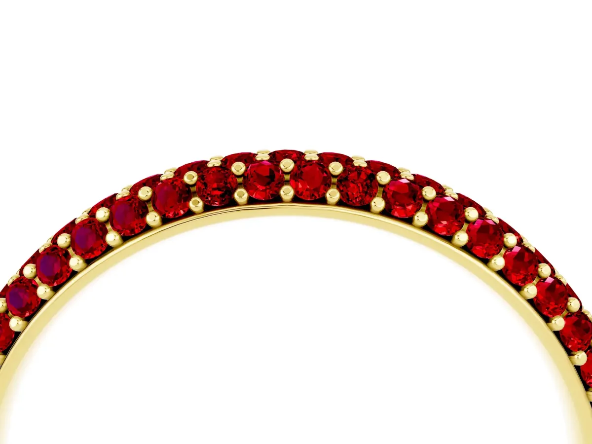 Round Ruby Pavé Eternity Band with Shared Prong Setting Yellow gold