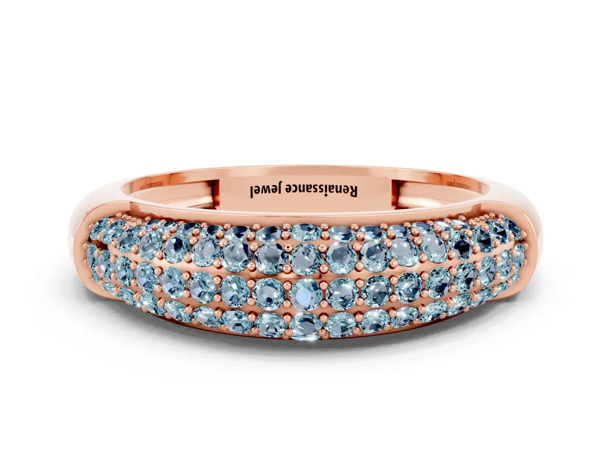 Three-Row Pavé Round Aquamarine Dome Band Rose gold